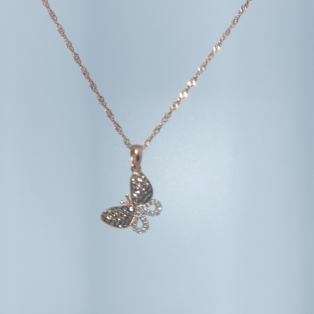 Butterfly Chocolate and White Natural Diamonds(1/8 CTW) Pendant with Chain