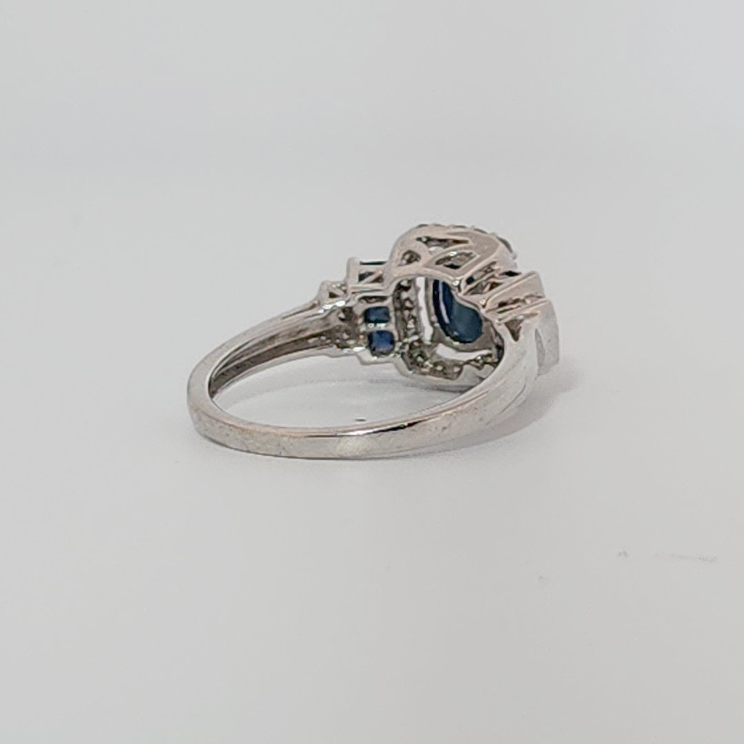Natural Sapphire and 0.35ct Natural Diamonds Women Ring, 14K White Gold
