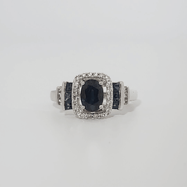 Natural Sapphire and 0.35ct Natural Diamonds Women Ring, 14K White Gold